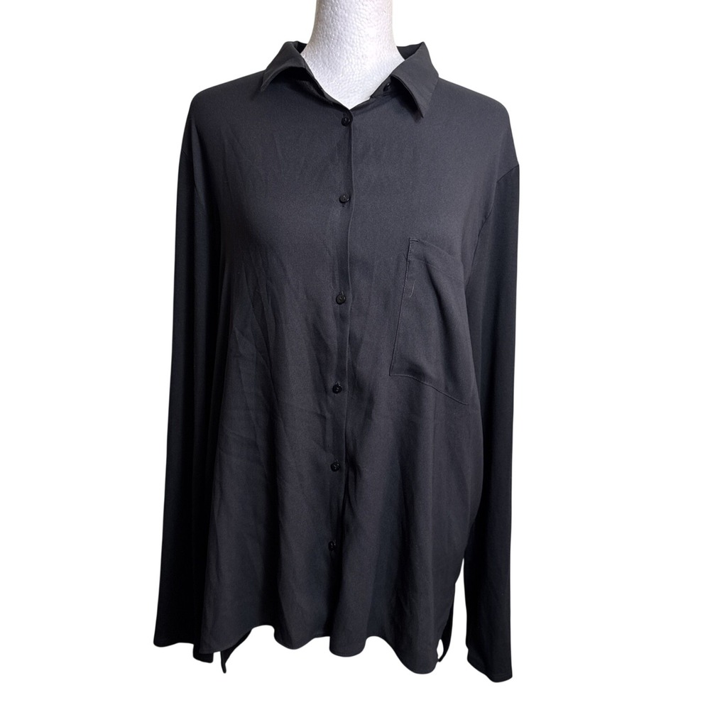 Ann Taylor Black Blouse XL Mixed Media Button Front Long Sleeve Woven Front